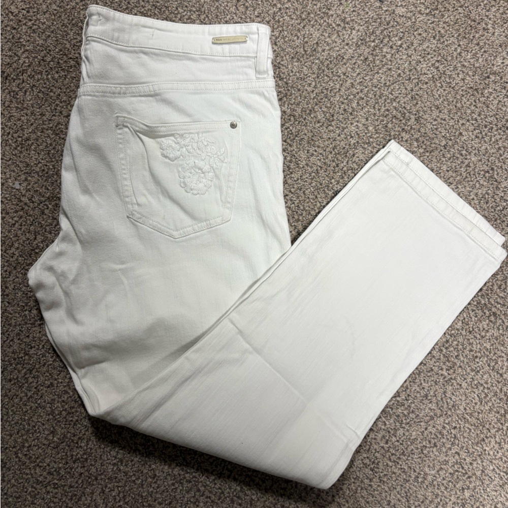 Pilcro and the Letterpress Straight Leg White Jeans with Floral Embroidery